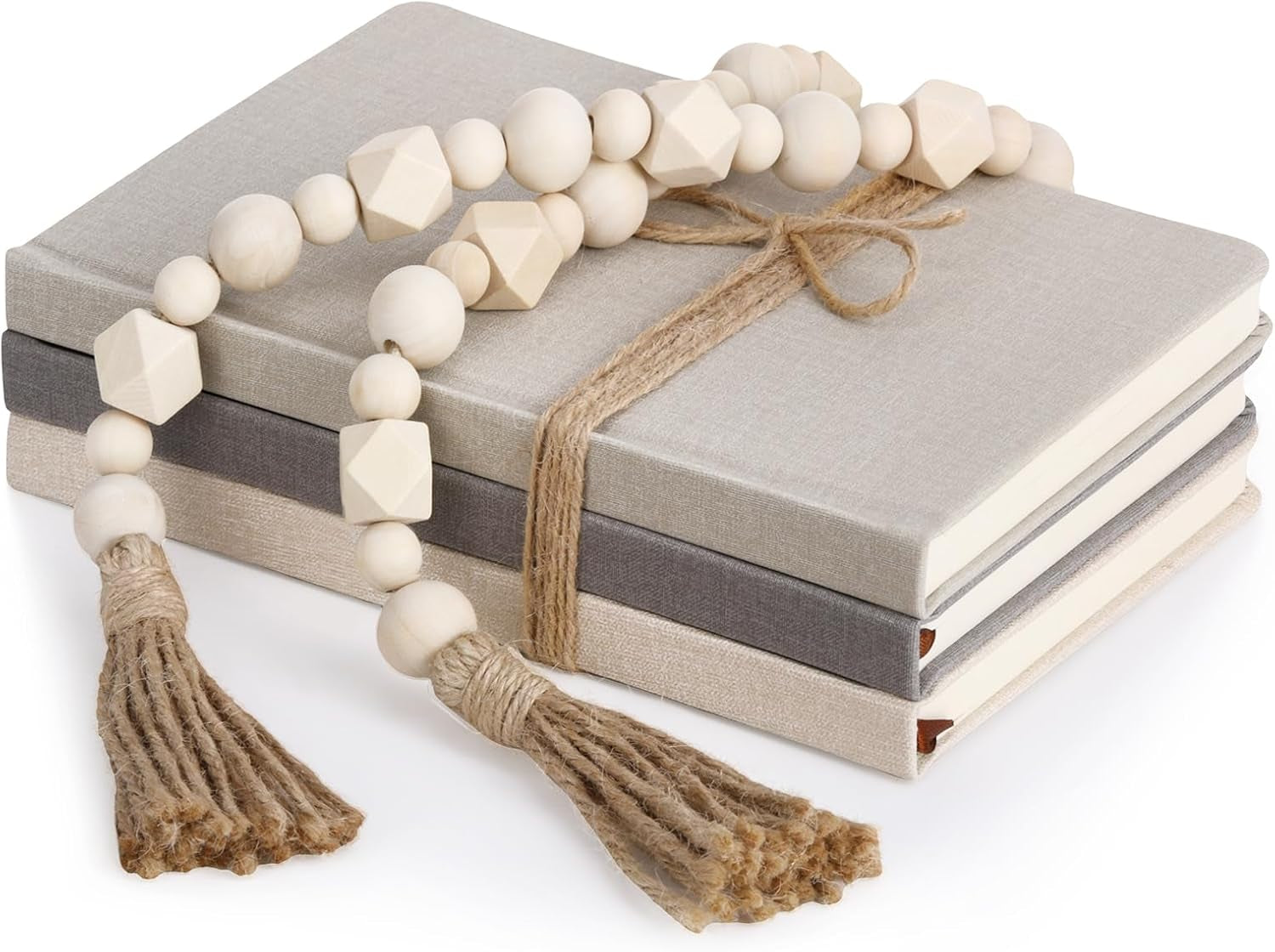 3-pieces-faux-decorative-books-set-for-home-decor-classical-grey-8-5-x-5-7-stacked-linen-notebook-shelves-coffee-table-display-books-with-wood-bead-bookend-gift-for-mantle-living-room