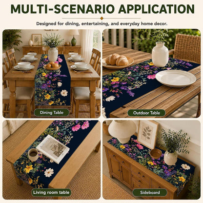 Wildflower Spring Floral Table Runner,Garden Flowers Washable Kitchen Dining Table Runner for Home Party Decor, Indoor Outdoor Dresser Scarf7