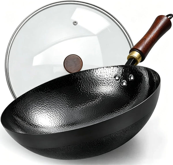 Carbon Steel Wok Pan, 12.6-Inch Nonstick Pre-Seasoned Woks & Stir-Fry Pans with Glass Lid, No Chemical Coated Wok round Bottom Hand Hammered Chinese Wok for Gas Stoves1