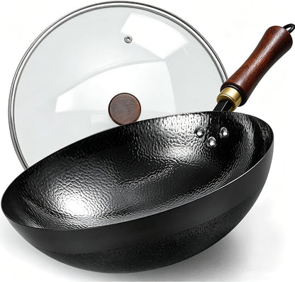 Carbon Steel Wok Pan, 13.4-Inch Nonstick Pre-Seasoned Woks & Stir-Fry Pans with Glass Lid, No Chemical Coated Wok round Bottom Hand Hammered Chinese Wok for Gas Stoves1