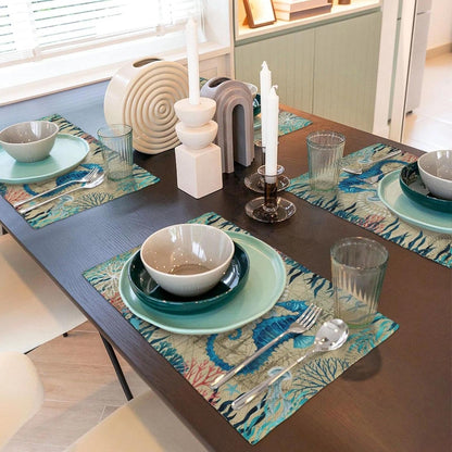 Nautical Placemats Set of 4, Ocean Coast Beach Theme Washable Non-Slip Heat Resistant Place Mats, Sea Turtle Seahorse Summer Linen Decoration Dinner Mat for Kitchen Dinner Party Decor2