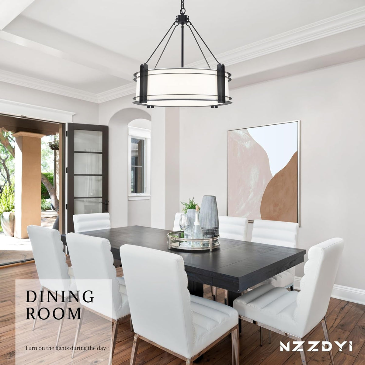 20-4-black-drum-chandelier-with-white-linen-fabric-shade