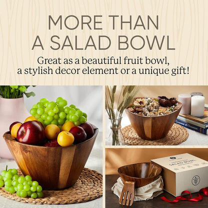 Large Wooden Salad Bowl with Serving Forks Mixing, Wood Salad Bowl Set for Food or Fruits, Magnetic Utensils Fit for 6–8 Servings, Ideal to Family Meals or as a Unique Gift7