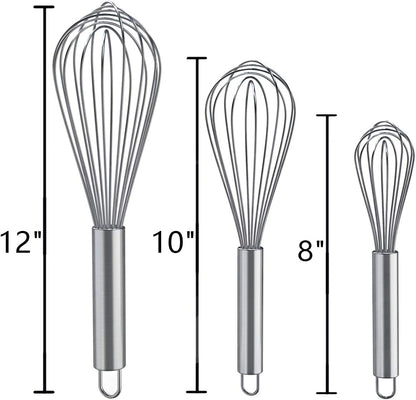 Whisks for Cooking, 3 Pack Stainless Steel Whisk for Blending, Whisking, Beating and Stirring, Enhanced Version Balloon Wire Whisk Set, 8"+10"+12"7