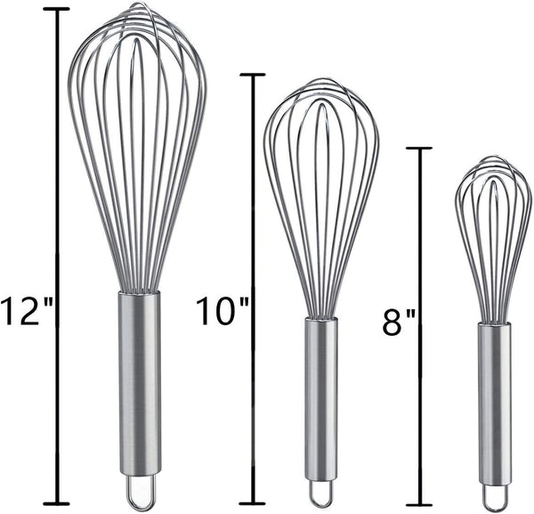 Whisks for Cooking, 3 Pack Stainless Steel Whisk for Blending, Whisking, Beating and Stirring, Enhanced Version Balloon Wire Whisk Set, 8"+10"+12"7