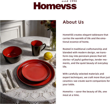 Stoneware Dinnerware Set Service for 4, 16 Piece Two Tone Handmade Plates Bowls Set, Chip & Crack Resistant Modern Tableware, Red and Black7