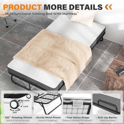 Folding Bed with Mattress, 75" X 31" Portable Rollaway Bed for Adults with 5" Memory Foam Mattress, Heavy Duty Metal Frame, Space Saving Guest Bed with Wheels5