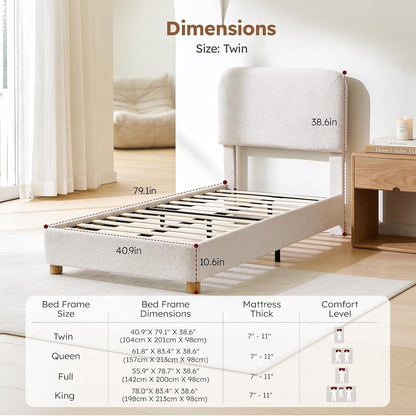Twin Size Cloud Platform Bed for Kids, Soft Boucle Toddler Bed Frame, Cream2