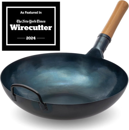 Carbon Steel Flat Bottom Wok Pan - 13.5" + Wok Lid 12.8 Inch - Cover with Tempered Glass Insert Steam Holes + Blue Carbon Steel 17-Inch Spatula, Ladle, 3 Pairs Chopsticks2