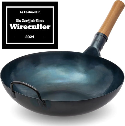 Flat Bottom Wok Pan - 13.5" Blue Carbon Steel Wok with Lid 12.8 Inch - Premium Stainless Pan Cover with Tempered Glass Insert Steam Holes and Ergonomic Handle2