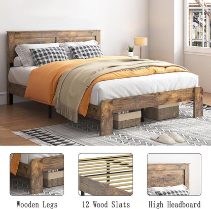 Wood King Bed Frame with Headboard, Vintage Brown5