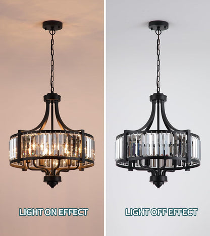 Modern Crystal Chandeliers, Entryway Black Crystal Chandelier for Dining Room, 6-Light Farmhouse Pendant Hanging Light Fixture for Living Room Foyer Kitchen Island,Conical,20In8