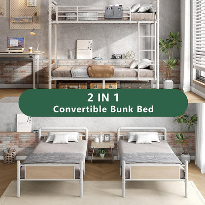 Metal Bunk Bed Twin over Twin, Industrial Bunkbeds Heavy Duty Bed with Safety Guard Rails and Space-Saving Design, Steel Bed for School, Bedroom (White)3