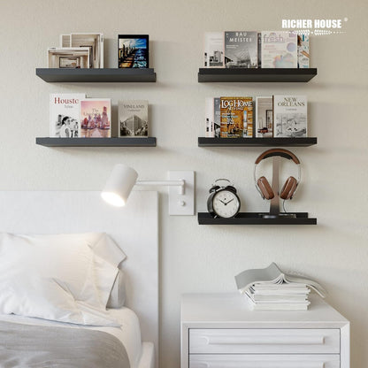 5-Set Floating Shelves with Lip, Black Wall Mounted Wood Shelf | Display Picture Ledge Shelf, Anti-Drop Lip Shelf for Room Wall Decor, Bedroom Bathroom Storage Nursery Books, Easy Setup 16In4