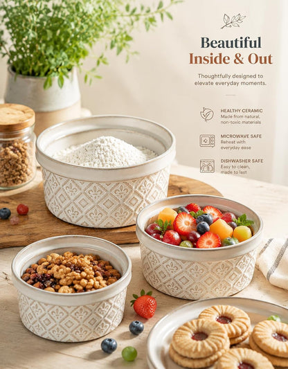 Airtight Food Storage Containers with Lids Mixing Bowls Set, Ceramic Serving Bowls with Lids Set of 4, 12/16/28/40 Oz Stackable Nesting Salad Bowls for Cooking, Baking, Ramen - Beige3