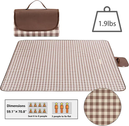 Waterproof Picnic Blanket with Carry Strap - Foldable Sandproof Outdoor Mat for Camping, Beach, Park - 59" X 71",Coffee Grid (Single Mat)3