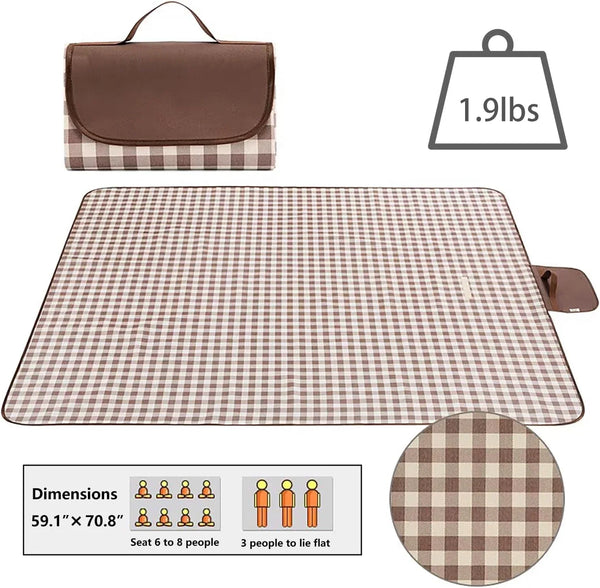 Waterproof Picnic Blanket with Carry Strap - Foldable Sandproof Outdoor Mat for Camping, Beach, Park - 59" X 71",Coffee Grid (Single Mat)3