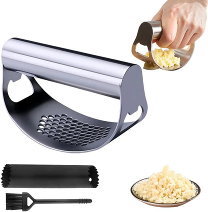 Garlic Press Rocker - 2024 NEW Stainless Steel Garlic Mincer Garlic Crusher with Peeler, New Innovative Garlic Chopper with Peeler and Scraper for Smash Garlic (Black 1PCS)1