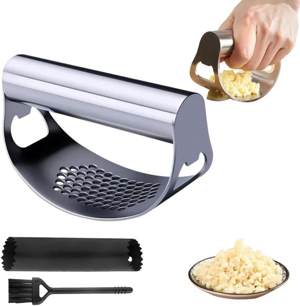 Garlic Press Rocker - 2024 NEW Stainless Steel Garlic Mincer Garlic Crusher with Peeler, New Innovative Garlic Chopper with Peeler and Scraper for Smash Garlic (Black 1PCS)1