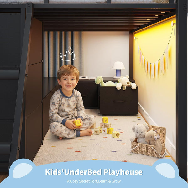 Twin Loft Bed with 8 Storage Drawers, LED Lights, Upholsterd Headboard, Inclined Ladder & Play Curtain, Kids Loft Bed with Safety Guardrail, Under-Bed Play Area, Black7