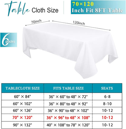 6 Packs White Table Cloths Rectangle 70 X120 Inch Washable Polyester Fabric White Tablecloths for 6-8 Ft Tables Stain and Wrinkle Resistant Reusable Table Covers for Parties Wedding Banquet2