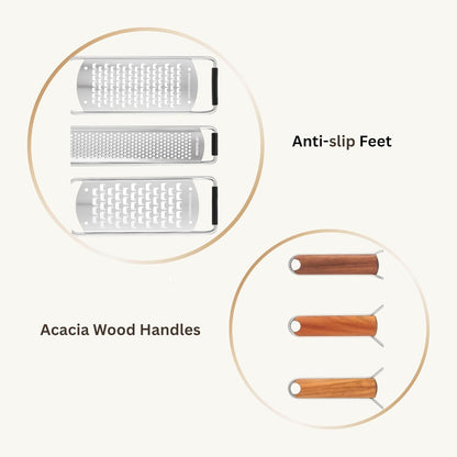 3-Piece Stainless Steel Cheese Grater & Zester Set W/Acacia Wood Handles – for Parmesan, Lemon Zest, Ginger, and Spices6