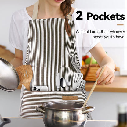 2 Pack Kitchen Cooking Aprons, Adjustable Bib Soft Chef Apron with 2 Pockets for Men Women(Black/Brown Stripes)4