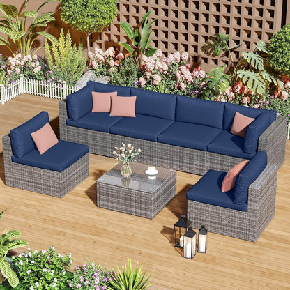 7 Piece Patio Furniture Sets All Weather Gery PE Wicker Couch Sofa with Glass Table, Removable Navy Cushions5