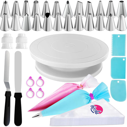 88 Pc Cake Decorating Kit & Cake Turntable -Piping Bags and Tips Set | Includes 50 Disposable + 2 Reusable Piping Bags, 24 Icing Piping Tips, 2 Spatulas, 3 Icing Comb Scraper, Baking Supplies1