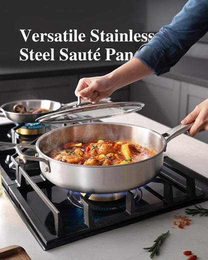 Stainless Steel Pan with Lid, 6 QT Stainless Steel Saute Pan, 12 Inch Frying Pan, PFOA & PTFE Free, Tri-Ply Skillet, Stainless Steel Pot, Dishwasher & Oven Safe, Works on All Cooktops2