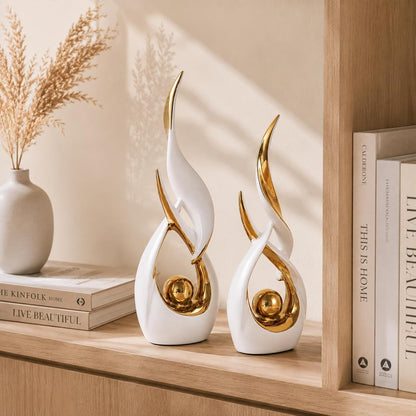 2 PCS White Gold Ceramic Statues for Home Decor Accents, Modern Abstract Art Sculptures, Elegant Tabletop Decorative Objects for Dining Room, Entryway, Tv Stand, Mantel, Coffee Table Centerpieces6