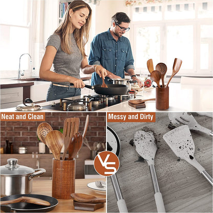 Wooden Kitchen Utensil Set, 9 Piece Natural Teak with Spoon Rest | Wooden Cooking Utensils with Comfort Grip, Smooth Durable Heat Resistant Cooking Spoons and Utensils Holder for Cooking5