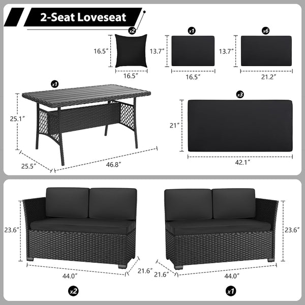 7 Piece Patio Furniture Set, Outdoor PE Wicker Rattan Outdoor Dining Set, Patio Table and Chairs Set, Patio Conversation Sofa Set with Dining Table and Ottoman(Black-Black)2