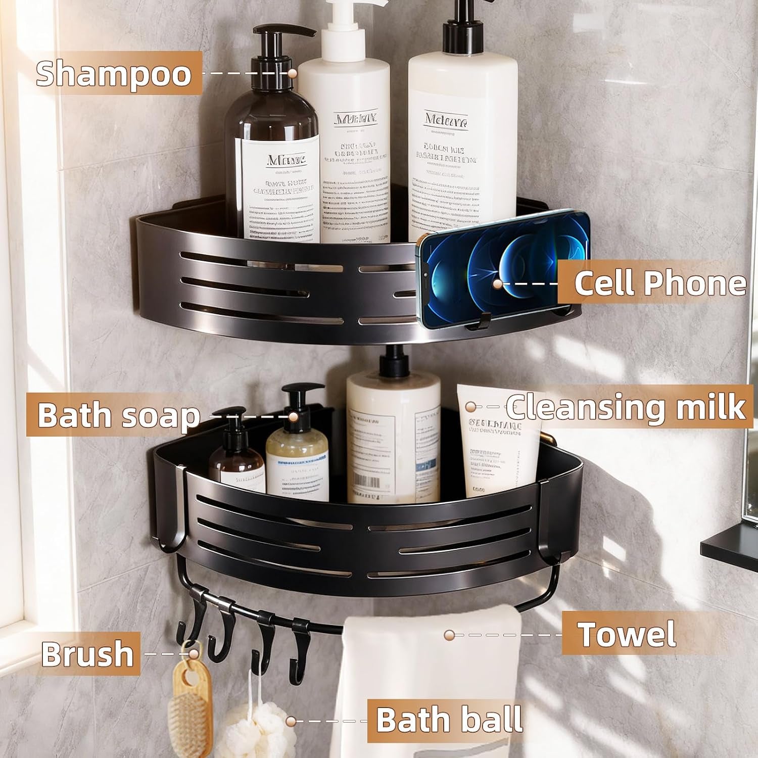 adhesive-black-corner-shower-caddy-no-drilling-2-pack-aluminum-shower-shelf