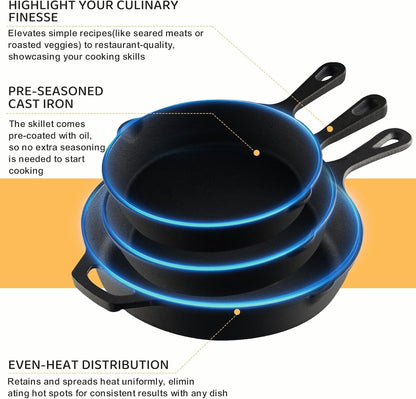 Cast Iron Skillet 3-Piece Set, Heavy-Duty Professional Restaurant Chef Quality Pre-Seasoned Pan Cookware Set, 6", 8", 10" Pans for Frying, Saute, Cooking, Use Indoor/Outdoor, Oven, Grill7