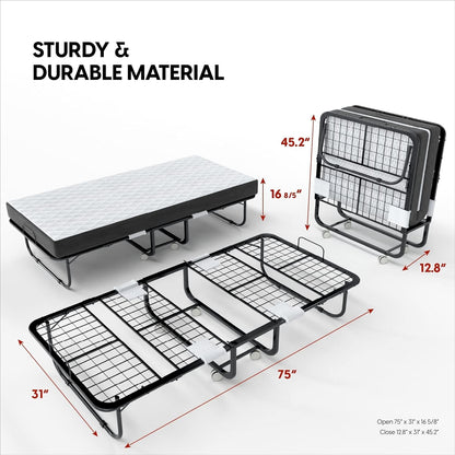 Folding Bed with Mattress - 75X31 Cot Size Frame - Portable Rollaway Guest Bed with 5-Inch Memory Foam Mattress - Space-Saving Foldable Design for Easy Storage (31 Inch)2