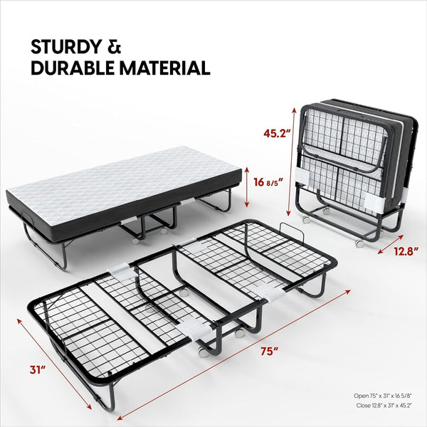Folding Bed with Mattress - 75X31 Cot Size Frame - Portable Rollaway Guest Bed with 5-Inch Memory Foam Mattress - Space-Saving Foldable Design for Easy Storage (31 Inch)2
