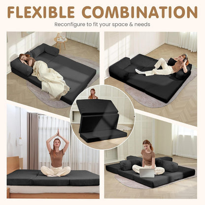 Convertible Sofa Bed Queen,5-In-1 Tri-Fold Boneless Couch with Removable Armrests & Handle,Corduroy Futon Sleeper Sofa,Floor Folding Mattress Pull Out Bed for Small Space Living Room Bedroom,Black3