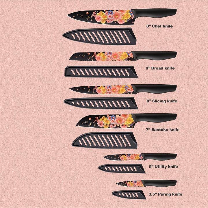 Knife Set Artistic Designed Pattern Kitchen Knife 6 Stainless Steel Kitchen Knives W 6 Blade Guards,Dishwasher Safe Kitchen Knife Sets for Family Knives Set for Chefs | Artistic Designed Pattern, Forged Stainless Steel, Dishwasher Safe, Razor Sharp,Anti-Rust,Ergonomic Handle,Full Tang,Gift Box+2