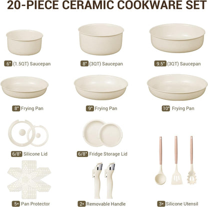 Pots and Pans Set Non Stick, Ceramic Cookware Set with Removable Handles, Stackable Space Saving Kitchen Set, Induction & Oven & Dishwasher Safe, for Small Kitchen, Apartment, RV, Cream White2