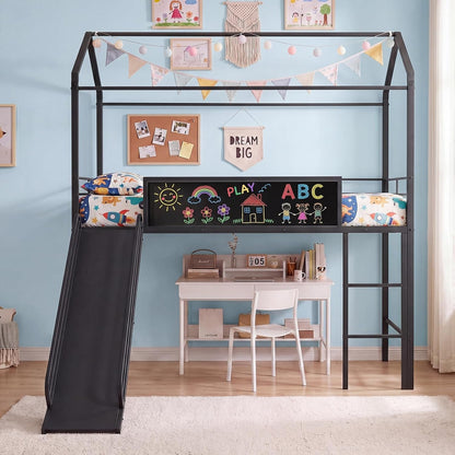 Twin Size House Loft Bed, Low Loft Bedframe W/Roof, Slide, Ladder, Chalkboard & Sturdy Metal Slats for Bedroom Dorm, Kids House Bed for Boys Girls, No Box Spring Needed (Black)9