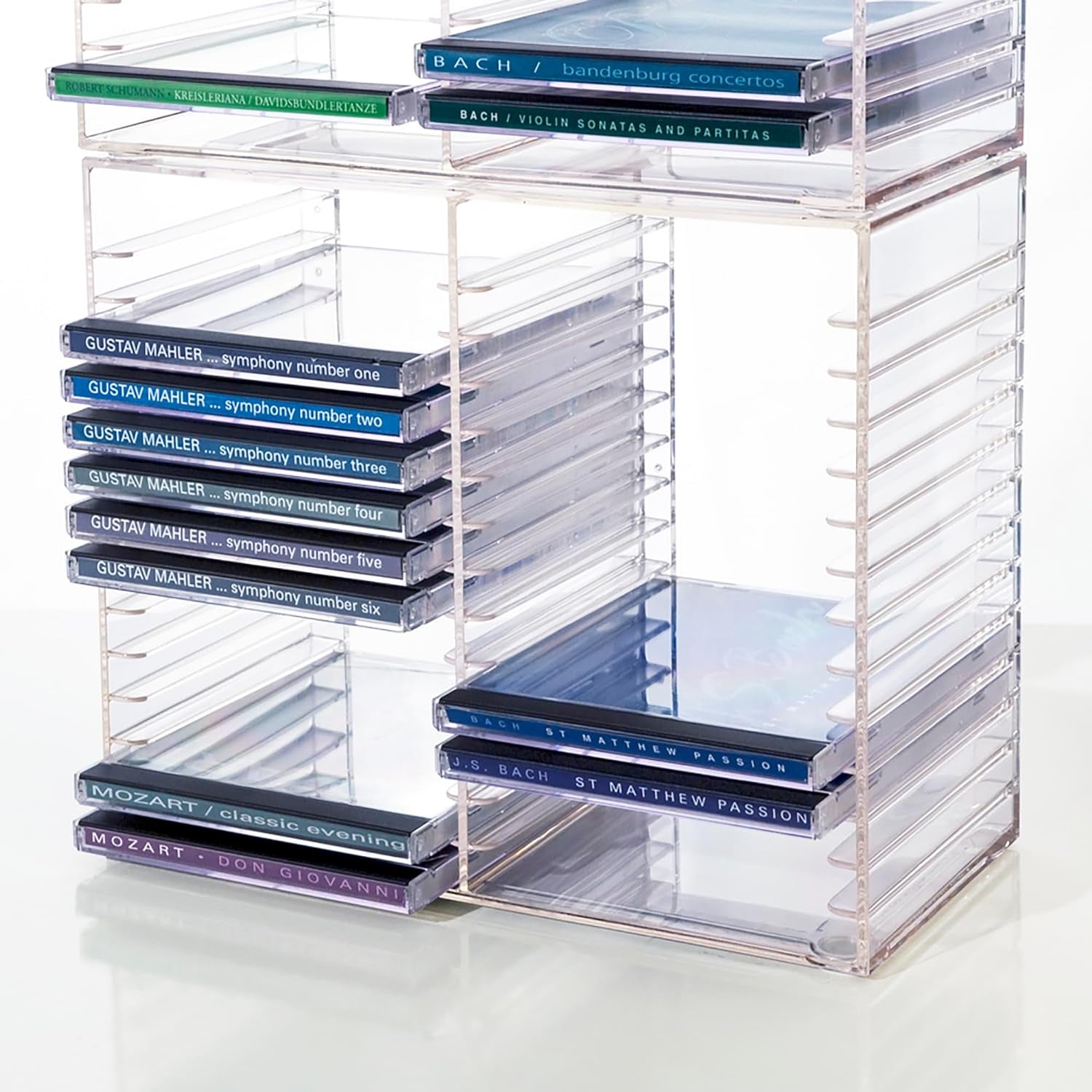 stackable-clear-plastic-cd-organizer-with-rubber-feet-rectangular-jewel-cases-holder-perfect-for-theatre-room-holds-up-to-30-cd-cases-made-in-usa