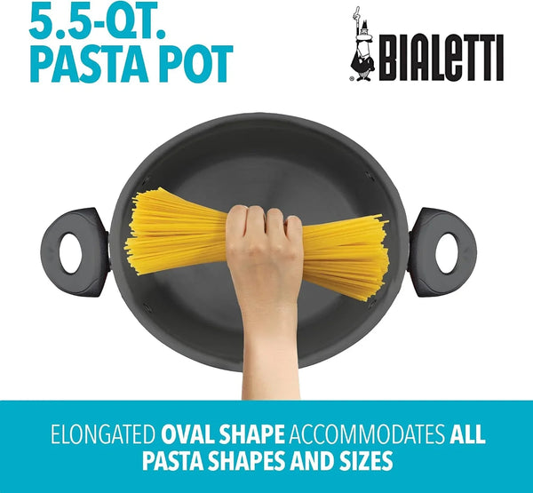 5.5-Quart Nonstick Aluminum Pasta Pot with Strainer Lid and Handles, Pfoa-Free Nonstick Oval Cooking Pot and Lid, Black2