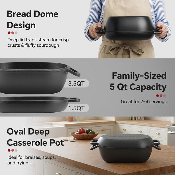 12"X8" Oval Cast Iron Dutch Oven for Bread Baking，Pre-Seasoned Combo Cooker with Lid, Perfect for Sourdough, Artisan Loaves & Family Meals,5 Qt3