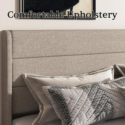 Full Size Bed Frame Linen Upholstered with Wing Headboard, Beige3