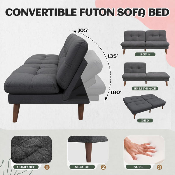 67'' Futon Sofa Bed, Modern Linen Couch with Adjustable Backrest4