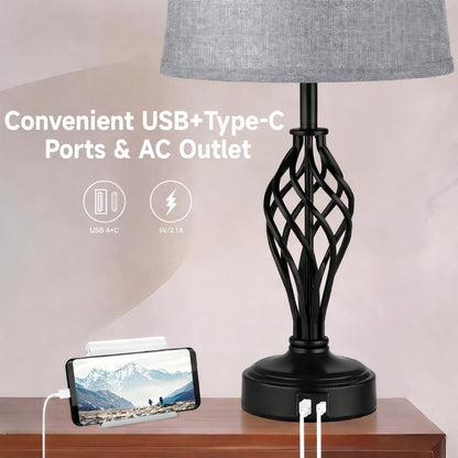 Touch Table Lamps Set of 2, Nightstand Lamp with USB Ports Bedside 3 Way Touch Dimmer Desk Lamp for Living Room Bedroom,Black Painted Spiral Cage Base Design Warm White Dimmer Bulbs Included.3
