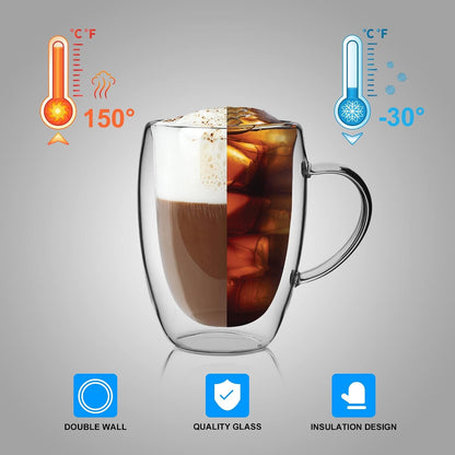 6 Pack Double Walled Coffee Cups Glasses Mug 12Oz Borosilicate Glass | Espresso Cappuccino Latte Tea Cups with Handle, Insulated Heat Resistant Clear Drinking Cups, Hot and Cold Beverages, 350Ml6