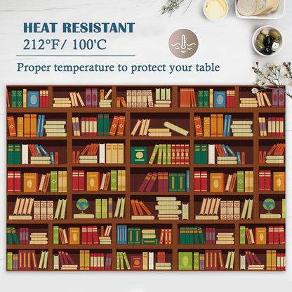 Library Book Shelf Placemats Set of 4, Linen Place Mats Heat Resistant Non-Slip Washable Table Mats for Dining Kitchen Party Decor 12"X18"6