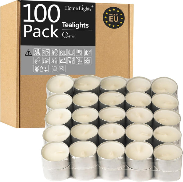 Homelights Unscented White Tealight Candles -100 Pack, 6 to 7 Hour Burn Time Smokeless, Mini Votive Paraffin Candles with Cotton Wicks for Shabbat, Weddings, Christmas, Home Decor1